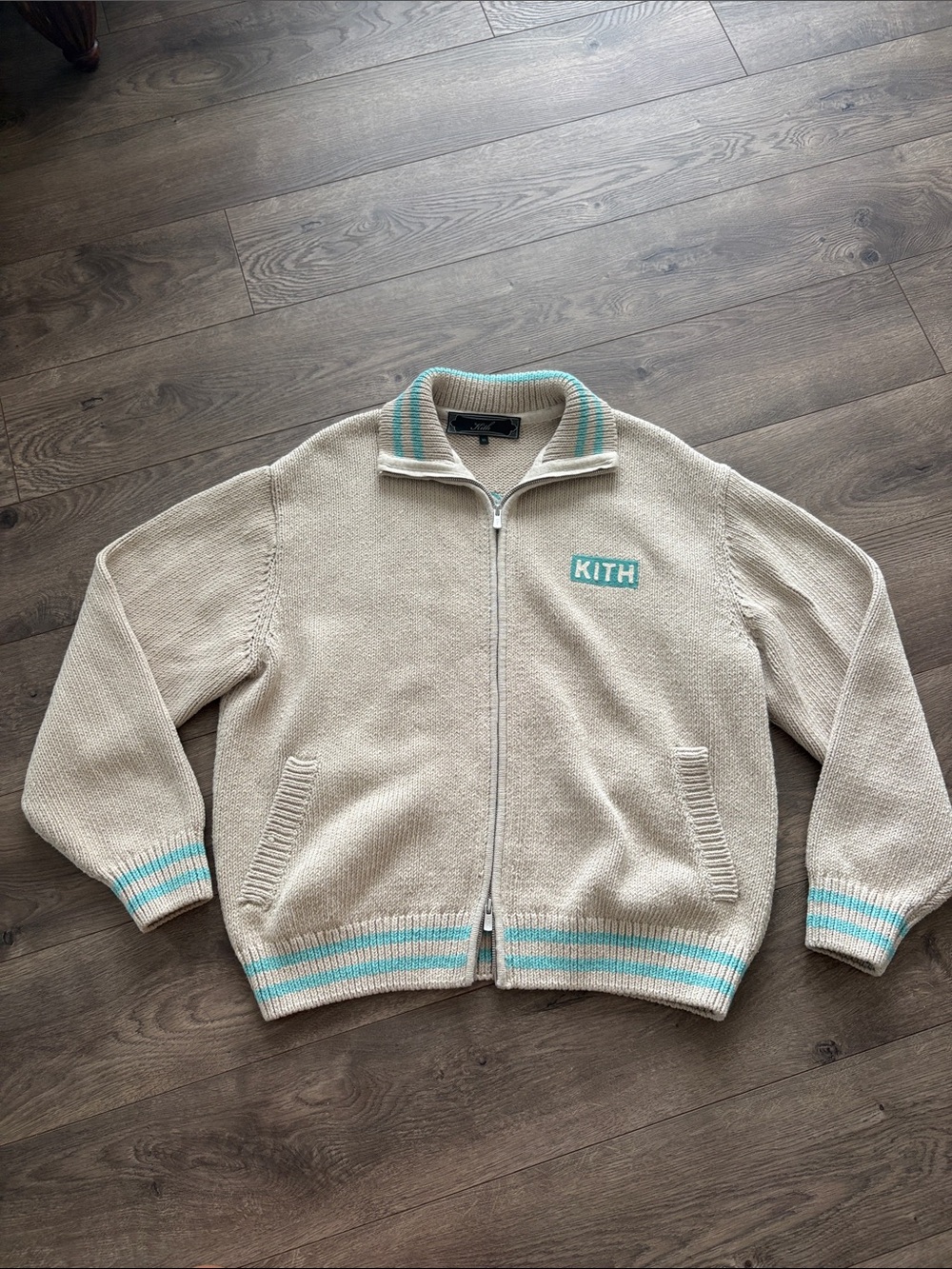 Kith Cream Zip-Up Knit Sweater with Aqua Stripe Trim